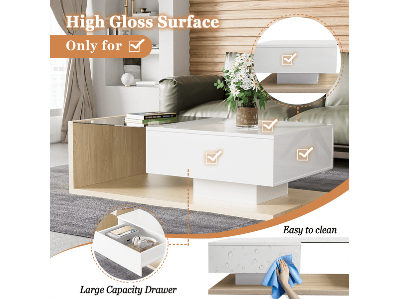  Table basse avec niche, plateau en verre trempé et led réglable pour salon, finition blanche et bois, 105×55×32,5 cm  - Conforama E