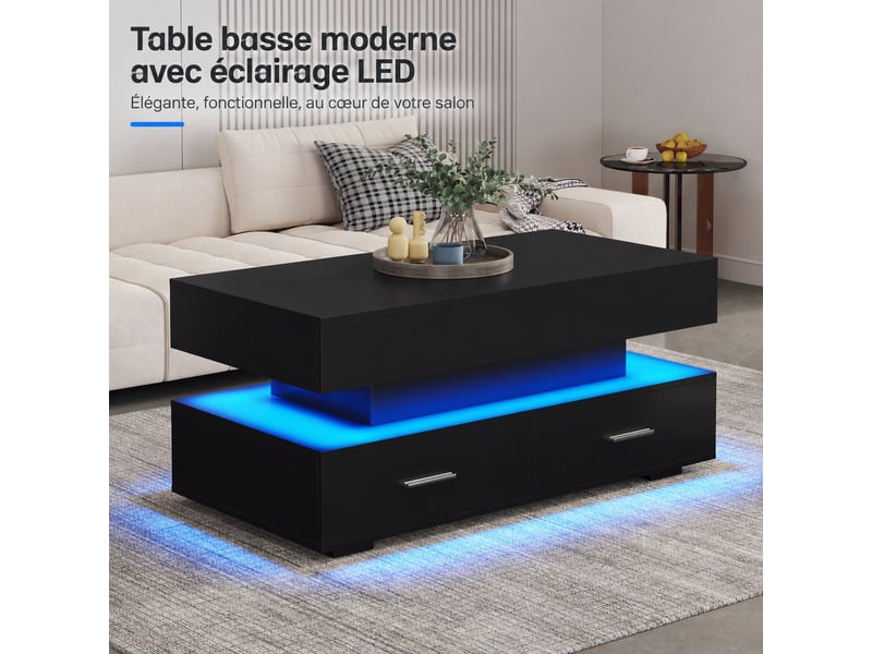  Table basse relevable hydraulique noire 100 x 50 x 44 cm, led bluetooth, 2 tiroirs  - Conforama E