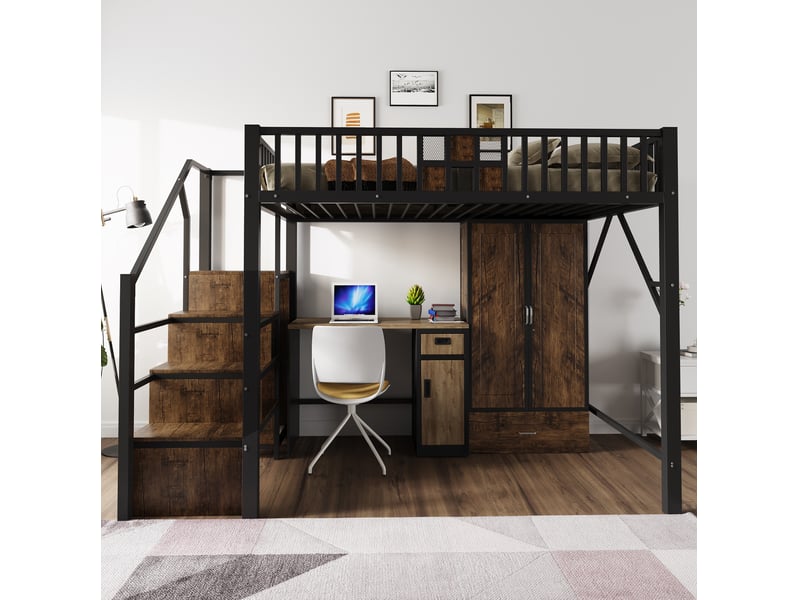  Lit mezzanine 140x200 cm avec armoire et rangements, coloris noir  - Conforama D