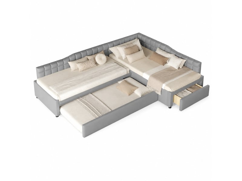  Lit rembourré en l 2x90x200 cm, lit gigogne 90x190 cm, tiroirs rangement, mdf, tissu flanelle, grise, sans matelas  - Conforama A