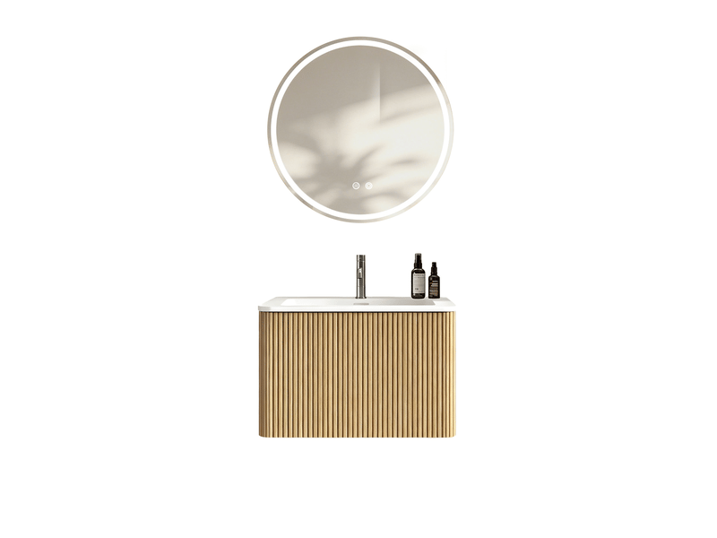 Ensemble meuble de salle de bain 60 cm avec vasque, miroir led rond 60 cm, chêne - Conforama A