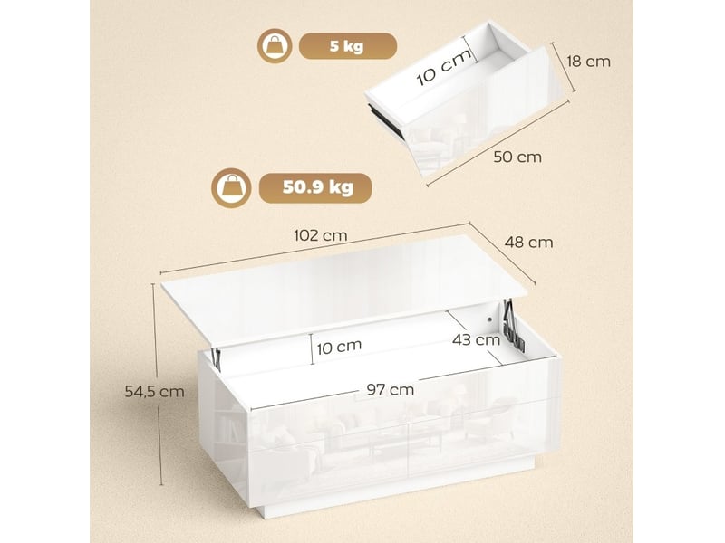  Table basse relevable – rangement caché et 2 tiroirs – blanc brillant – 102 x 48 cm  - Conforama C