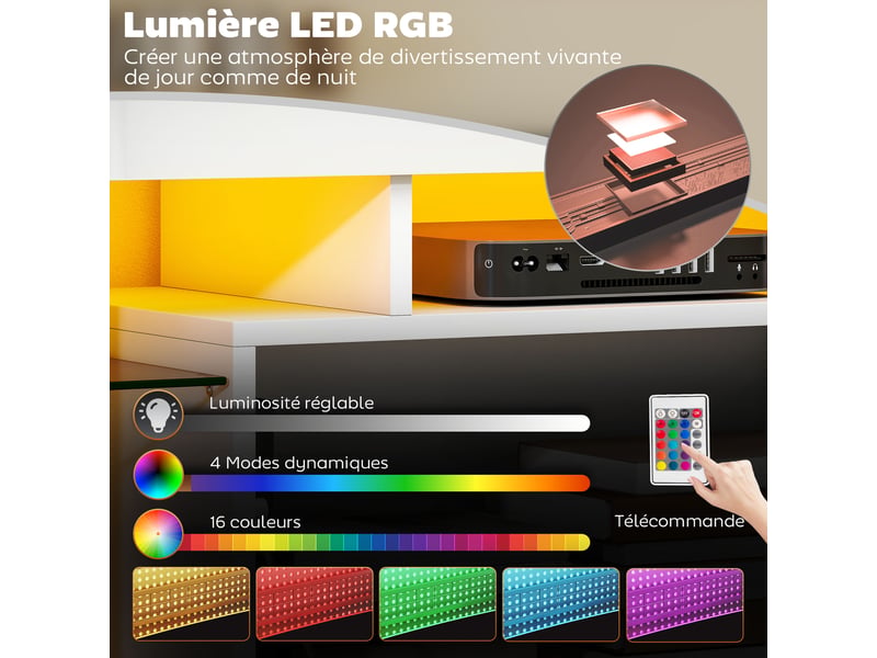  Meuble tv avec led rgb et étagères en verre trempé blanc 120x34x45 cm  - Conforama D