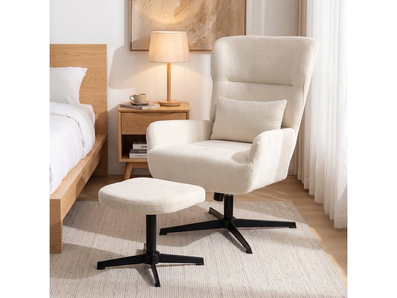  Fauteuil lounge pivotant à 360° avec repose-pieds, réglable en hauteur, revêtement en chenille, avec coussin lombaire, blanc crème  - Conforama C