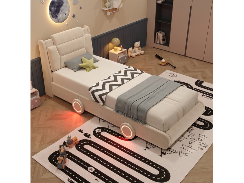  Lit enfant voiture 90x200 cm, tête de lit réglable 2 hauteurs, roues lumineuses, velours beige crème, sans matelas  - Conforama D