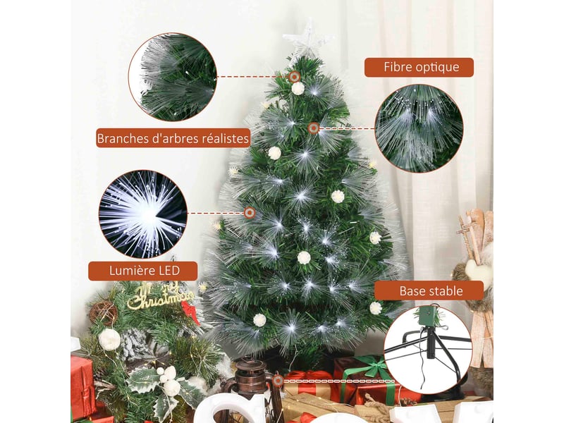  Sapin de noël artificiel lumineux 120h cm fibre optique led + support pied 130 branches étoile sommet brillante vert + 20 ampoules  - Conforama E