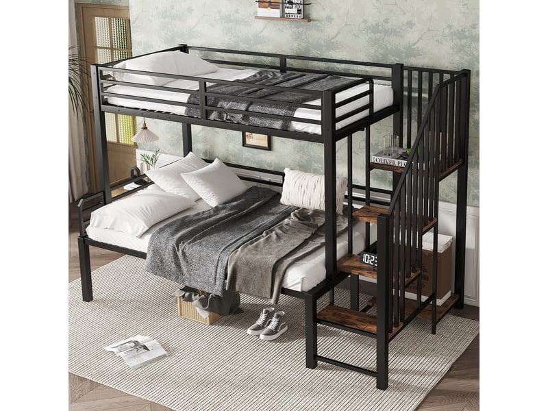  Lit superposé 90x200 cm avec tiroirs et échelle de rangement, lit enfant avec sommier à lattes et étagères, en pin blanc et naturel  - Conforama B