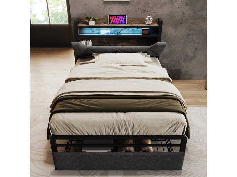 Lit avec tiroirs 90 × 200 cm 1 place, rangement, usb-c, led réglable et matelas inclus, tissu gris  - Conforama C