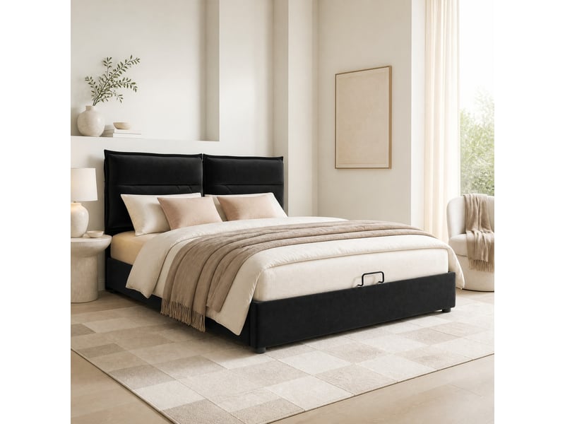  Lit coffre tcqpz 140 x 200 cm velours noir tête de lit réglable cadre métal sans matelas  - Conforama B