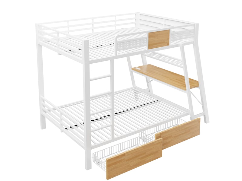  Lit superposé gaming 140 x 200 cm avec grand bureau, led multicolore, prises usbusb-c et 2 paniers de rangement en métal blanc sans matelas  - Conforama W