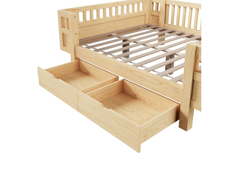 Lit plateforme 140x200 cm avec barrière de sécurité haute et deux grands tiroirs bois - Conforama E