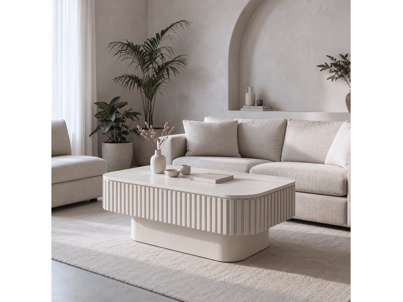 Table basse rectangulaire 98 cm beige en mdf plaqué bois, rangement caché à couvercle amovible pour le salon - Conforama B