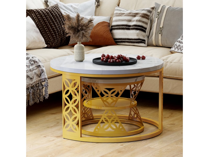  Table basse gigogne ronde 70x70x4545x45x37 cm, coloris blanc et dore  - Conforama E