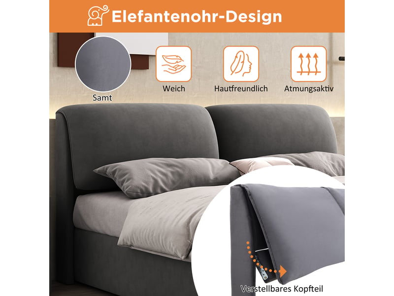  Lit coffre hydraulique 140 x 200 cm, lit double avec tête de lit rembourré et 3 tiroirs, velours gris  - Conforama E