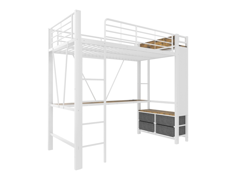  Lit mezzanine 90x200 cm avec bureau, 4 tiroirs et led, métal et mdf, blanc, sans matelas  - Conforama D