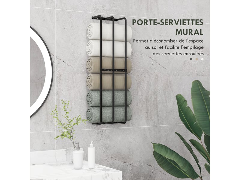  Porte serviettes mural 3 barres en métal noir - peut jusqu'à contenir 6 serviettes, dim. 21l x 12p x 74h cm  - Conforama A