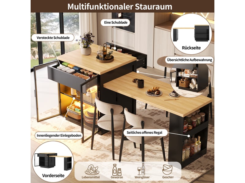  Table à manger extensible 122-194.5cm, îlot de cuisine avec meuble 2 portes, tiroir, niche ouverte, led pilotable par application et usb, noir evarich - Conforama D