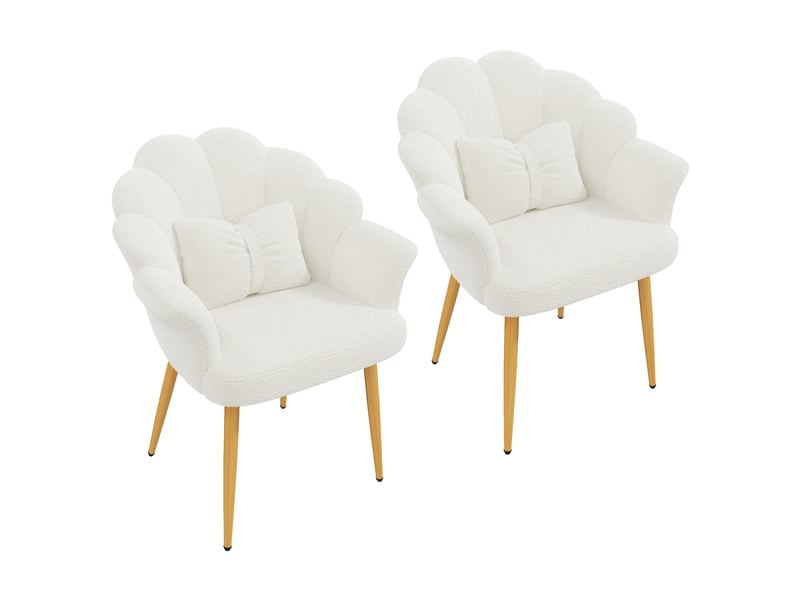  Lot de 2 fauteuils de salle à manger 64x65,5x85 cm, dossier pétale, coussins nœud, pieds en métal doré, blanc  - Conforama A