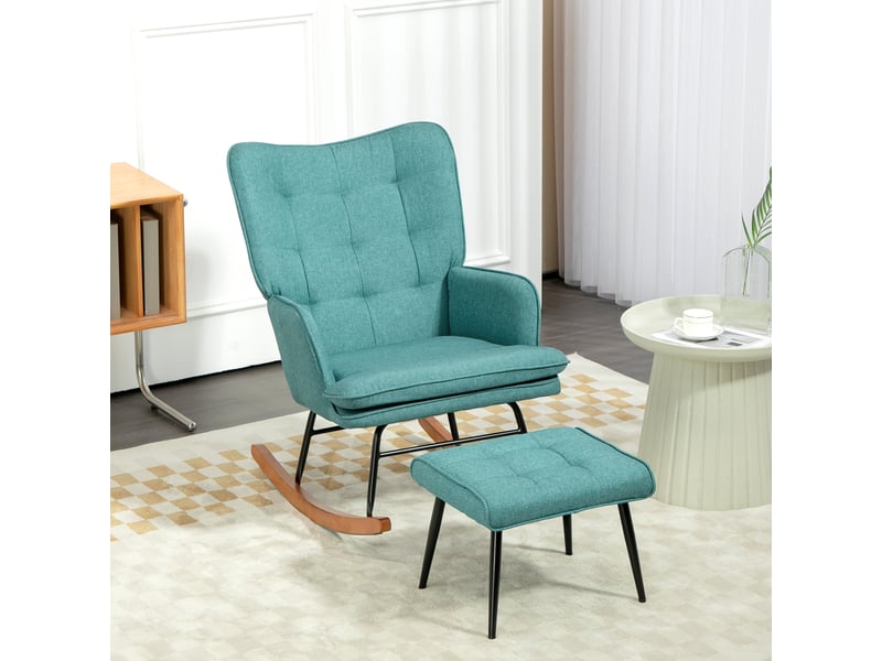  Fauteuil à bascule avec repose-pieds, assise large, dossier haut, imitation lin, vert menthe  - Conforama D