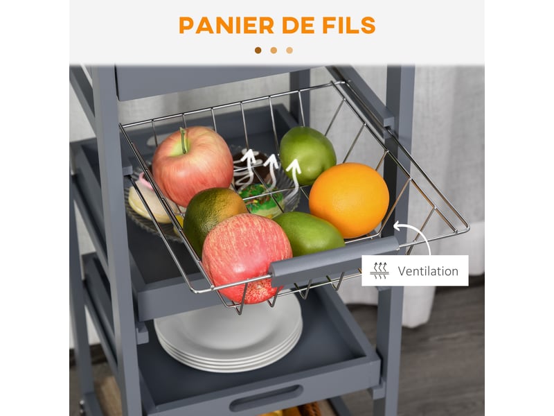  Chariot de service desserte de cuisine à roulettes panier + 2 plateaux amovibles, étagère en bois chêne clair, tiroir  - Conforama R