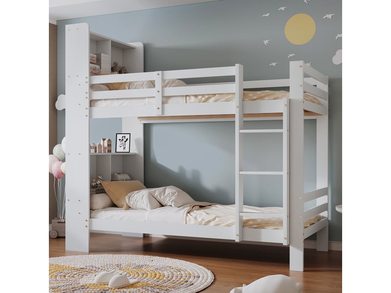  Lit superposé 90 × 200 cm 2 places avec étagères et échelle sécurisée, sans matelas, en bois, blanc  - Conforama C