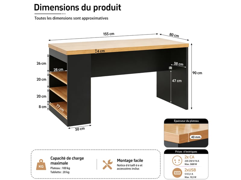  Îlot de cuisine 155x80x90 cm avec led, prises et 3 étagères ouvertes, noir et naturel  - Conforama E