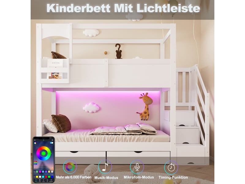  Lit superposé enfant 90 × 200 cm 2 places avec échelle de rangement, 2 tiroirs et tableau, sans matelas, blanc  - Conforama E