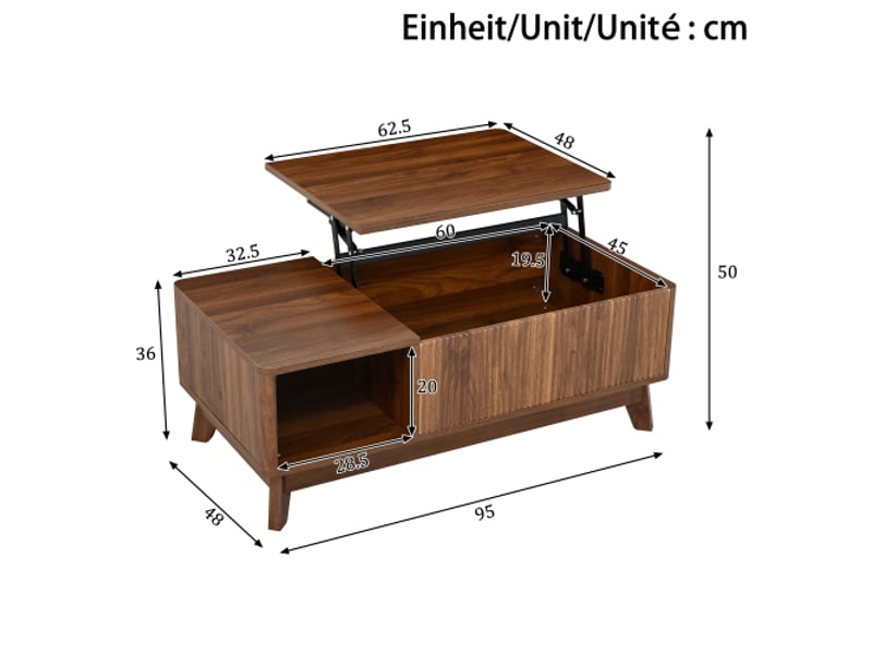 Table basse relevable au design ondulé, rangement latéral ouvert, en mdf, style moderne - Conforama C