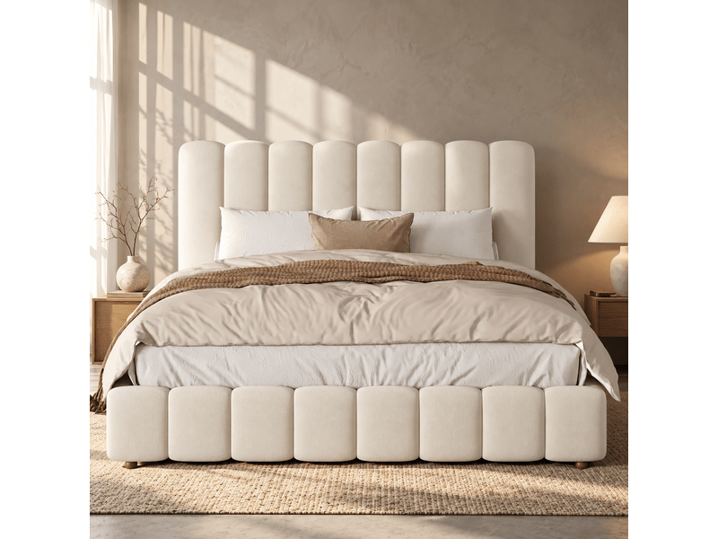  Lit double 200x200 cm avec sommier à lattes et tête de lit rembourrée en velours beige  - Conforama D