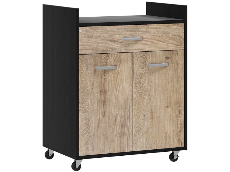  Chariot de service desserte de cuisine à roulettes tiroir placard 2 portes étagère en bois gris effet bois, noir  - Conforama B