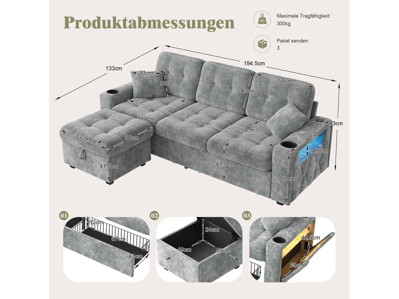  Canapé 3 places 194,5x133x83 cm avec rangement, usb-c, led, tiroirs à roulettes, pouf de rangement, chenille gris  - Conforama C