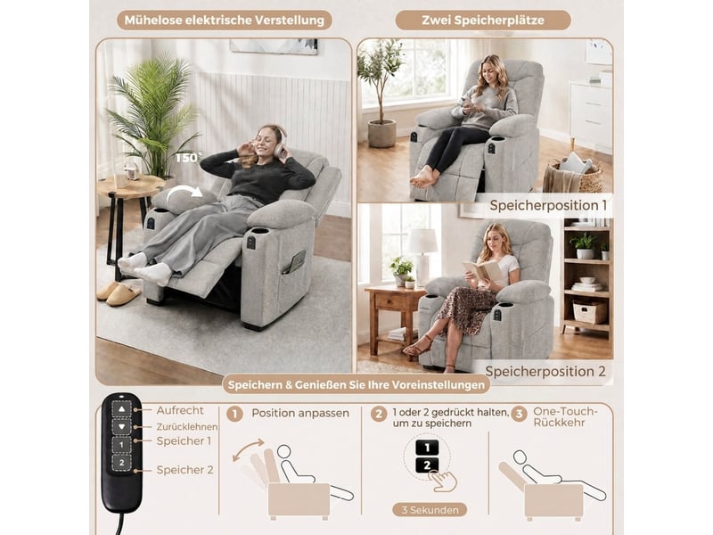  Fauteuil de massage - fauteuil inclinable électrique avec massage et chauffage, moteur silencieux et fonction mémoire, gris  - Conforama E