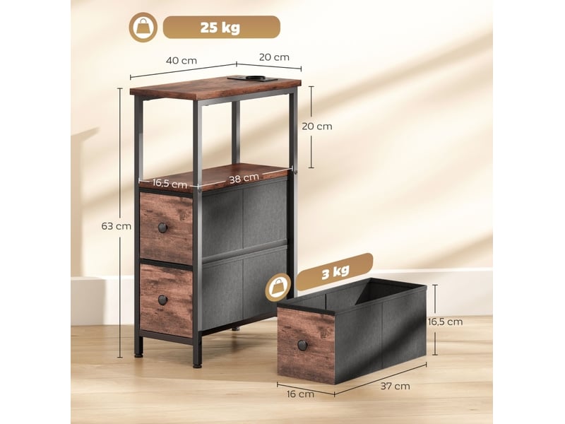  Table d’appoint avec station de charge et 2 tiroirs en tissu brun rustique 40 x 20 x 63 cm  - Conforama E