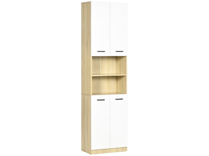  Armoire de salle de bain haute à 4 portes, 2 étagères ouvertes et étagères réglables, 53 x 33,5 x 195,7 cm, blanc et chêne  - Conforama A