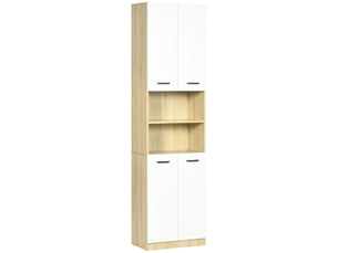 Armoire de salle de bain haute à 4 portes, 2 étagères ouvertes et étagères réglables, 53 x 33,5 x 195,7 cm, blanc et chêne