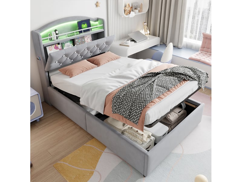 Lit enfant coffre 90x200 cm avec led, usb et usb-c, velours gris - Conforama D