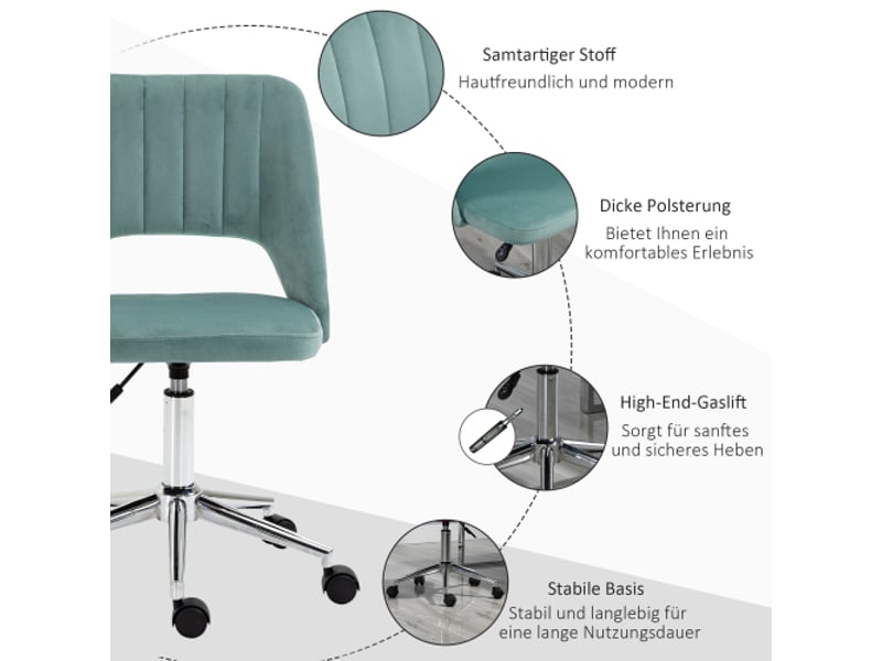  Chaise de bureau ergonomique en velours vert, sans accoudoirs, pivotante et réglable en hauteur  - Conforama D