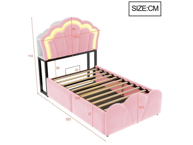  Lit, 90x200 cm, espace nuit, doté d’un espace de rangement hydraulique, led, matelas non inclus, velours, coloris rose  - Conforama C