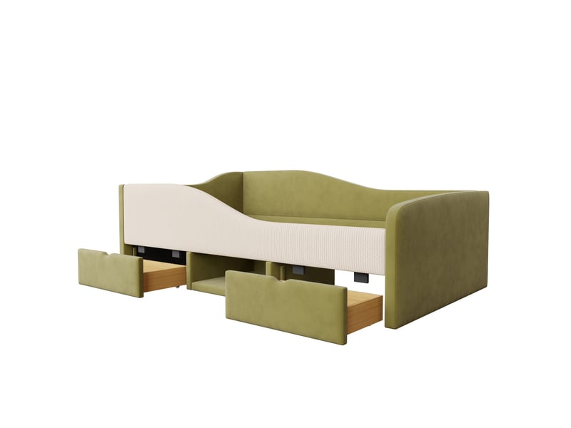  Lit capitonné multifonctionnel 90*190cm avec deux tiroirs et barrières, velours, sans matelas, vert foncé et blanc crème  - Conforama E