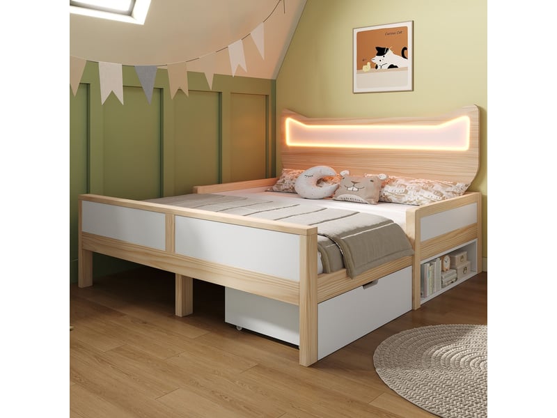  Lit 140x200 cm, enfant, tête de lit oreilles de chat, tiroir réversible, led rgb, barrières, sommier, blanc chêne, sans matelas  - Conforama B