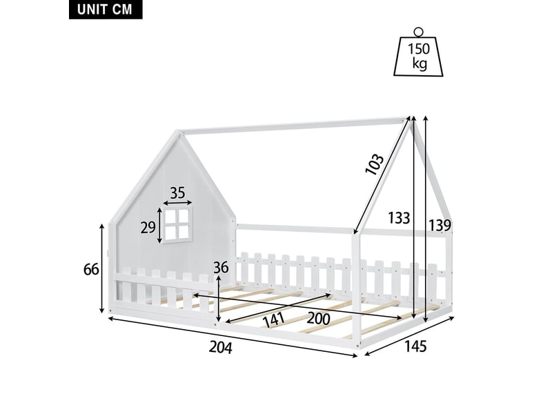  Lit cabane enfant 140x200 cm - avec barrière de sécurité en bois - lit enfant - design maison au sol esthétique et durable blanc  - Conforama C