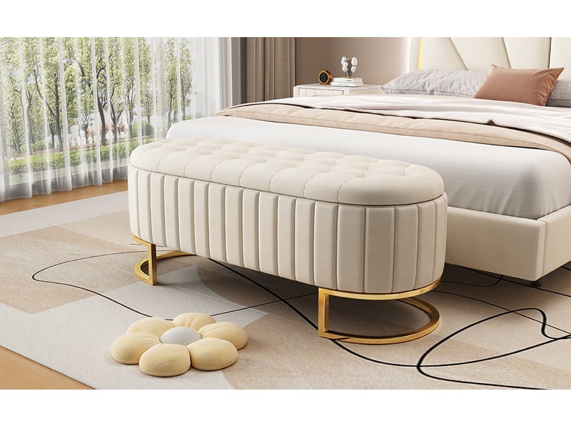  Banquette coffre 120 x 39,9 x 43 cm beige en velours, assise rembourrée avec rangement dissimulé  - Conforama B