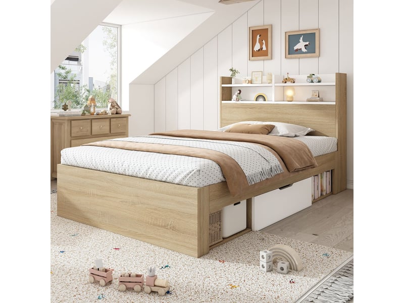  Lit avec tiroirs 90x200, rangement intégré lit une personne, tête de lit étagères, structure bois massif, matelas inclus  - Conforama B