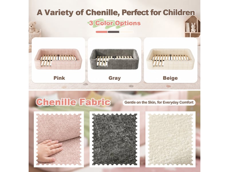 Lit enfant avec barrières rembourrées, chenille, sommier inclus, rose, 90x200 cm  - Conforama E