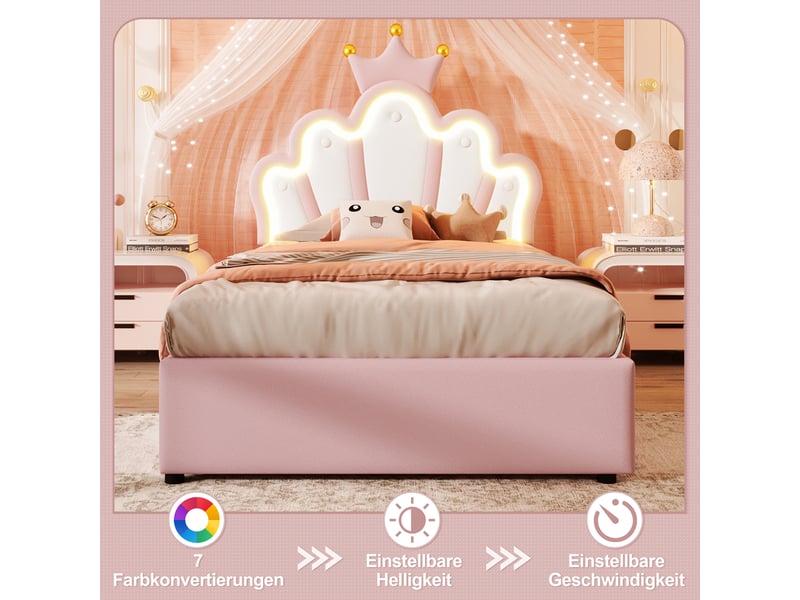 Lit rembourré princesse pu rose 90x200 cm, led, coffre hydraulique et tête de lit réglable  - Conforama B