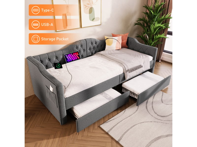 Lit combiné 90 x 200 cm - lit avec accoudoirs en nuage et rangement - velours gris - sans matelas - Conforama B