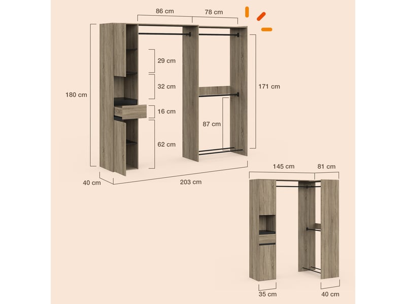  Dressing d'angle modulable l. 145 - 203 cm melman triple penderie + portes + tiroir + étagères bois et noir  - Conforama E