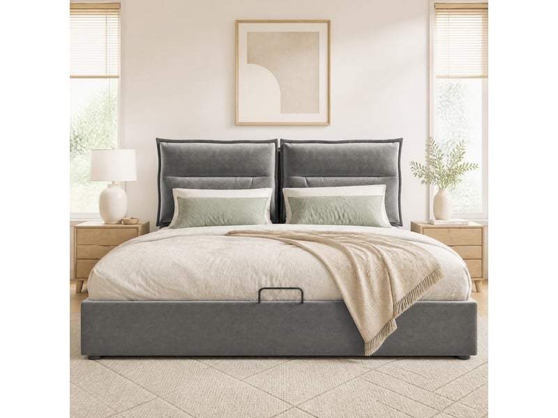  Lit coffre tcqpz 140 x 200 cm tête de lit réglable velours gris  - Conforama B