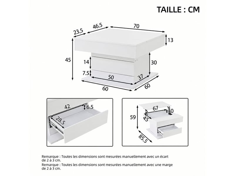  Table basse carrée relevable 70 x 70 cm, plateau pivotant, tiroir et rangement caché, blanc brillant  - Conforama E