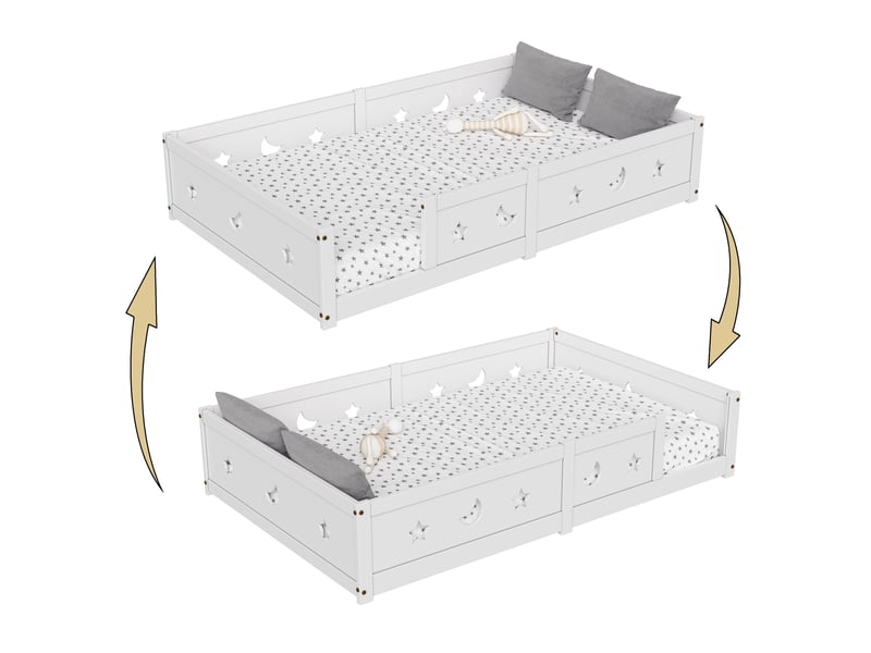  Lit enfant montessori 140x200 cm, lit simple, lit au sol avec barrière de sécurité et motif étoile, bois, blanc  - Conforama D